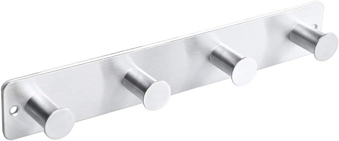 Small Coat Rack Hooks for Wall, Screw in and Adhesive Hooks, Stainless Steel, Door Hooks with 4 Heavy Duty Hooks for Coat Hat Towel Key (4 Hooks, Silver)
