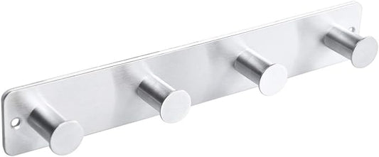 Small Coat Rack Hooks for Wall, Screw in and Adhesive Hooks, Stainless Steel, Door Hooks with 4 Heavy Duty Hooks for Coat Hat Towel Key (4 Hooks, Silver)