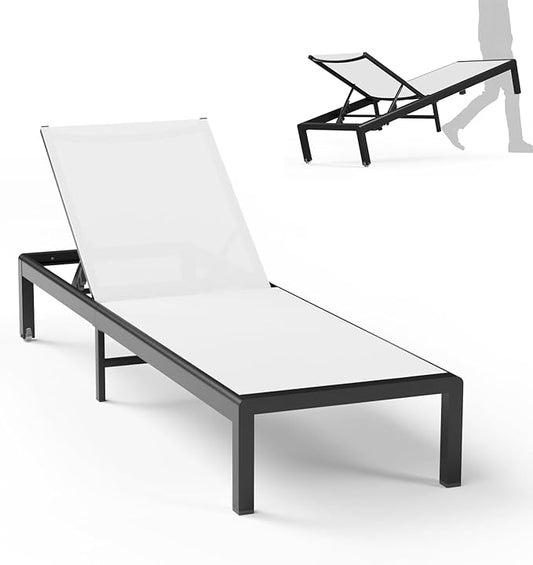 Aluminum Lounge Chairs Outdoor Chaise Furniture,2 Sets Patio Metal Deck Lounger Adjustable 5-Position Poolside Chase Recliner with Wheels for Beach,Coffee Table, (White, 1 Chair)
