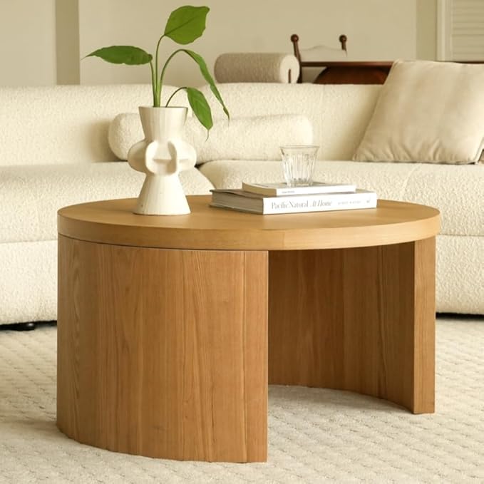 Round Nesting Coffee Table Set of 2, 31.5" Large and 18" Small Low Tables, Modern Wood Grain Tables for Living Room, Brown