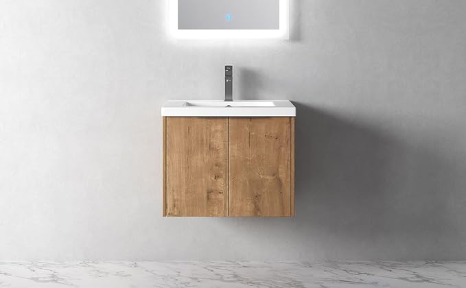 Goujxcy 24" Wall Mounted Bathroom Vanity with Sink, Modern Floating Bathroom Cabinet with White Resin Wash Basin & Storage Cabinet, Soft-Close Door Plywood Hanging Bath Room Cabinet (Imitative Oak)