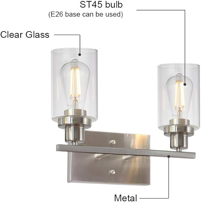 MELUCEE Metal Wall Lights with Clear Glass Shade 2 Heads Bathroom Light Fixtures Brushed Nickel Modern Vanity Lights Sconces for Hallway Bedroom Kitchen (Patent No.: US D963914 S)