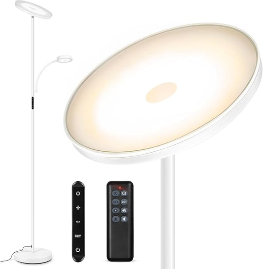OUTON LED Floor Lamp, 27W/2400LM Modern Torchiere & 7W/ 400LM Reading Lamp, Bright Dimmable Standing Tall Lamp with 4 Color Temperature, Remote Touch Control for Living Room Bedroom Office, White