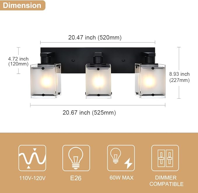 3-Lights Bathroom Light Fixture Over Mirror, Modern Black Wall Sconce Vanity Lighting Fixtures with Rectangular Frosted Glass Shade for Bathroom Kitchen Bedroom, E26 Bulb Base