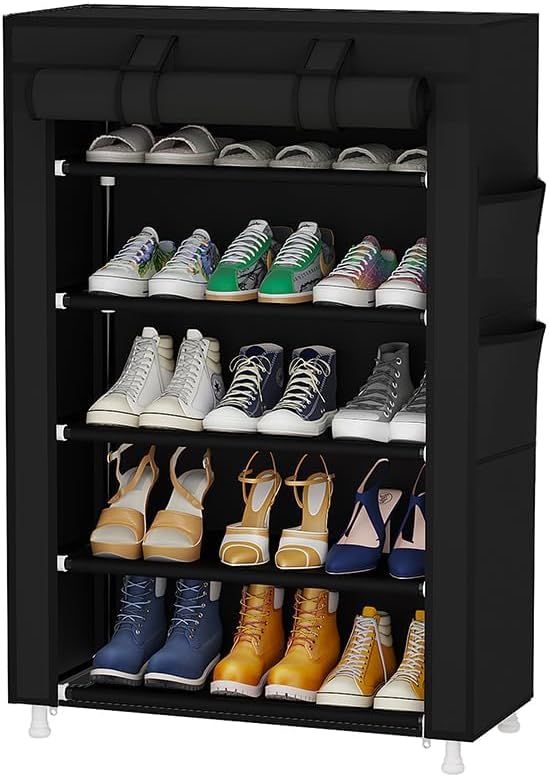 Calmootey 5 Tier Shoe Rack Organizer,Portable Shoe Shelf with Nonwoven Fabric Cover for Closet Hallway,Bedroom,Entryway,Black