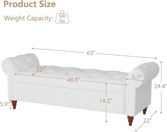 GNIXUU 63" End of Bed Storage Bench for Bedroom, Upholstered Ottoman Seat with Storage for Living Room, Window, Entryway, Cream White Velvet
