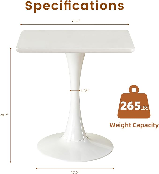 Square Dining Tulip Table for 2, Mid-Century Modern Table with Sturdy Metal Pedestal for Kitchen, Bistro, Cafe, Leisure (White, 24 INCH)