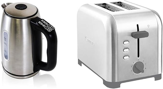 Kenmore 1.7L Cordless Electric Kettle w/ 6 Temperature Pre-Sets, Stainless Steel+Kenmore 2-Slice Toaster, Stainless Steel