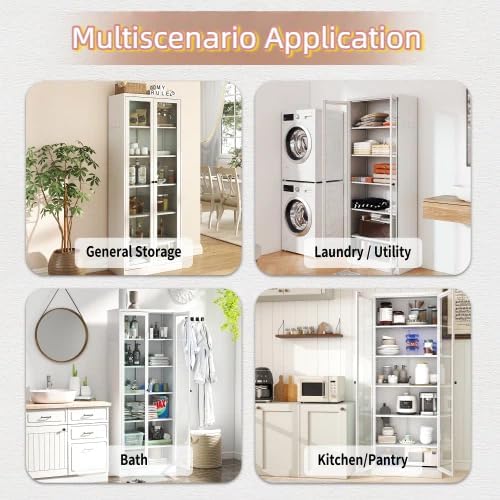 72'' Storage Cabinet, 5 Adjustable Shelves Kitchen Pantry with 2 Glass Doors, Tall White Metal Storage Cabinet with External Hooks, Freestanding Heavy-Duty Pantry for Kitchen