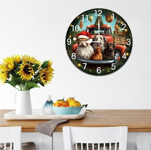 Christmas Dogs Chicken Truck Wall Clock Large Silent Non-Ticking Battery Operated Modern Clocks for Living Room Decor/Bedroom/Office (12x12 in)