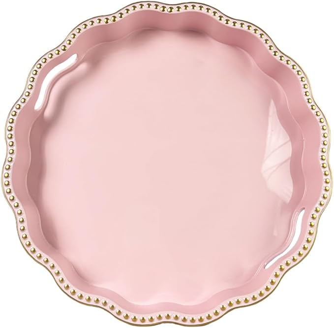 Pink Decorative Tray for Coffee Table, Wavy Scallop Beaded Plastic Serving Tray forKitchen Counter, Ottoman, Living Room, (13")
