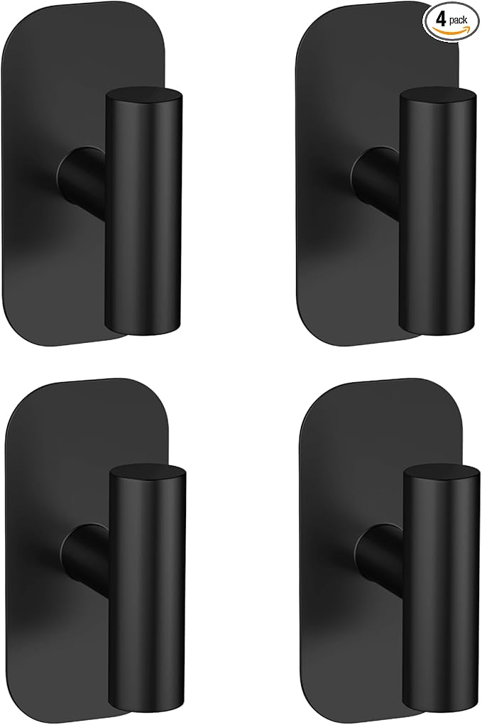 Adhesive Towel Hooks for Shower,Waterproof Heavy Duty Bathroom Hooks,Wall Mounted Sticky Hangers for Coats/Aprons/Robes,No Drilling(Black,4 Pack)
