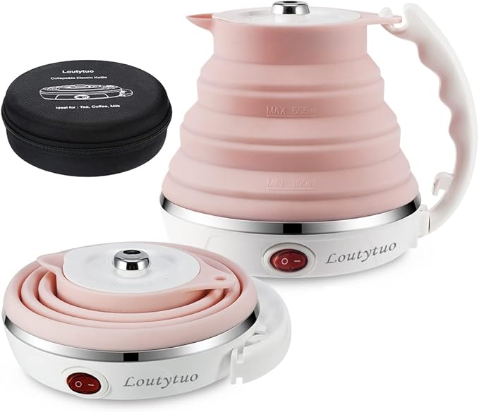 Ultrathin Upgraded Food Grade Silicone Travel Foldable Electric Kettle Boil Dry Protection Portable with Dual Voltage and Separable Power Cord,555ML 110-220V US Plug