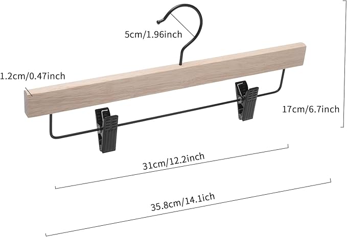 Nature Smile Deluxe Wooden Pants Hangers,Solid Rubber Wood Jeans Skirt Hanger Without Painting,with Adjustable Black Clips and Rotatable Hook,Pack of 10(Natural unvarnished)