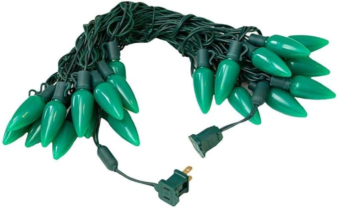 Novelty Lights 25 Feet 25 Light C9 Ceramic Style LED String Lights, Green, Pre-Lamped Holiday Lights on Green Wire, UL Listed Indoor/Outdoor, Connectable End-to-End