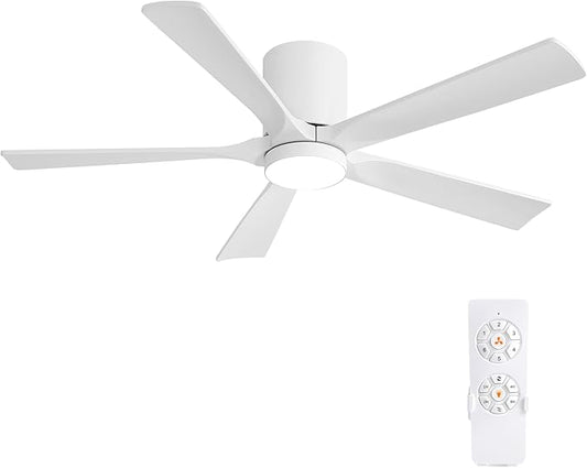 ELEHINSER 52 inch Low Profile Ceiling Fan with Light, 5 Solid Wood Blades, 6-Speeds, Quiet DC Motor, Timer, Flush Mount Modern Ceiling Fan with Remote for Living Room Bedroom, White