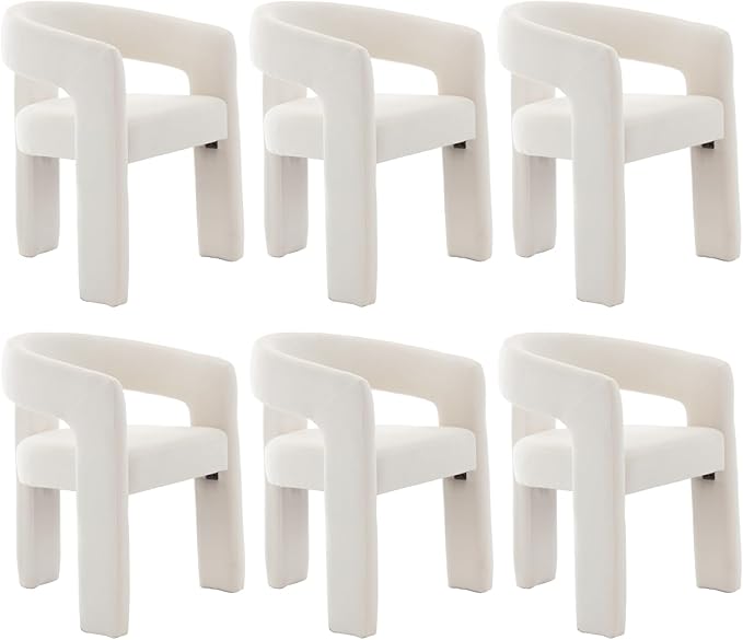 Modern Chenille Dining Chairs Set of 6, Upholstered Barrel Chairs with Arms Comfy Accent Side Chairs for Living Room/Dining Room/Reception, Beige