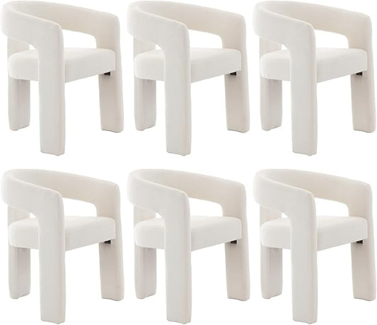 Modern Chenille Dining Chairs Set of 6, Upholstered Barrel Chairs with Arms Comfy Accent Side Chairs for Living Room/Dining Room/Reception, Beige