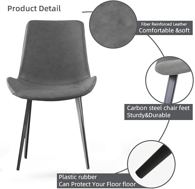 Dining Chairs Set of 2, Modern Kitchen & Dining Room Chairs, Upholstered Faux Leather Cushion Seat and Sturdy Metal Legs (2 Grey Chairs)