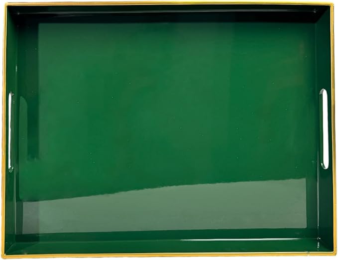 Large Green Rectangular Decorative Tray – Plastic Serving Tray with Handles for Coffee Table, Ottoman, Living Room, 15.7” x 11.8” x 1.6