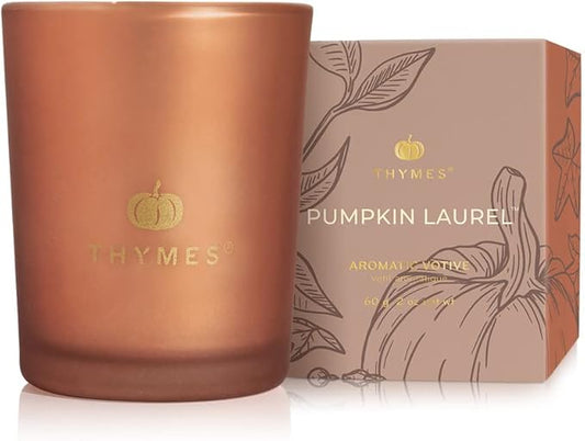 Thymes Scented Candles for Home Decor - Luxury Home Fragrance Gifts for Women & Men - Fall Candles with Creamy Pumpkin, Nutmeg, & Cinnamon - Burnt Orange Votive (Pumpkin Laurel, 2 oz)