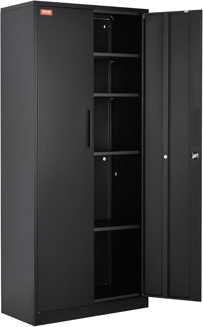 VEVOR Metal Storage Cabinet, Steel Locking Storage Cabinet with 2 Magnetic Doors and 4 Adjustable Shelves, 71'' Metal Cabinet 200 lbs Capacity per Shelf with 3 Keys, for Office, Home, Garage, Black