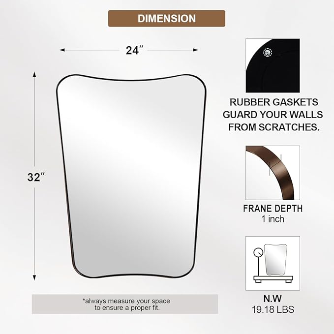 ANDY STAR Brushed Bronze Asymmetrical Mirror, 24"x32" Bathroom Mirror for Wall with Premium Stainless Steel Thin Frame, Italian Curved Mirror Decorative for Bathroom, Powder Room, Entryway