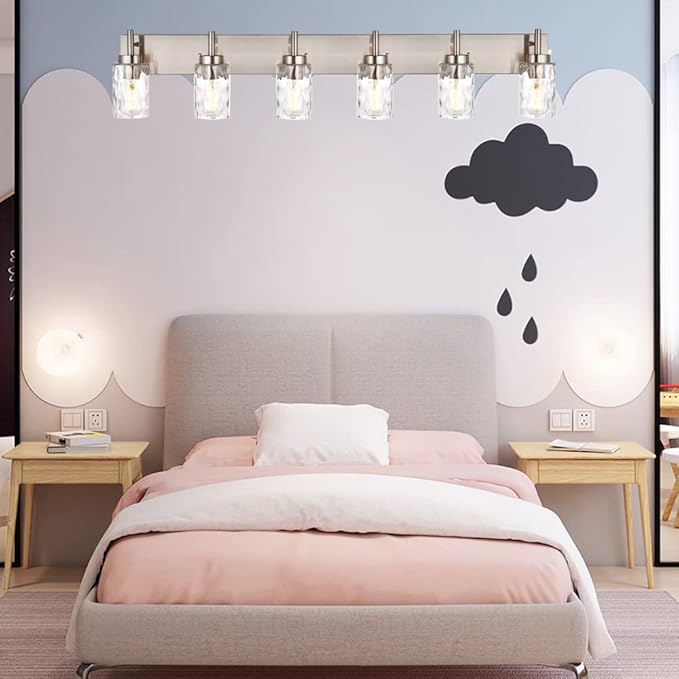 BONLICHT Mid-Century Bathroom Vanity Wall Light with Clear Water Glass, Farmhouse 6 Light Bath Lighting Over Mirror Modern Brushed Nickel Sconce Wall Lamp for Dining Room Dressing Table Vanity Table