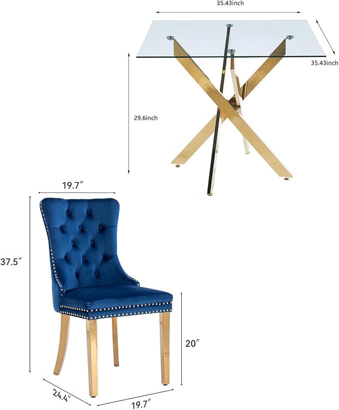 Goujxcy 5 Piece Glass Dining Table Set Modern Small Glass Dining Table Set for 4, 35.43" Square Kitchen Table and 4 Velvet Upholstered Chairs for Kitchen Dining Room, Gold & Blue