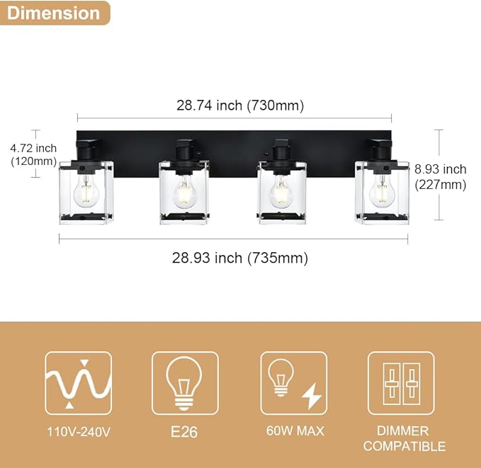 4-Light Bathroom Vanity Light Fixture, Modern Black Wall Lighting Over Mirror with Rectangular Clear Glass, E26 Bulb Base
