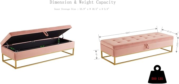 mikibama Velvet Storage Bench,58.6" Long Ottoman with Storage for Living Room,Tufted Storage Benches for Bedroom End of Bed,Entryway,Rectangle Window Seating Bench with Storage. (Velvet Pink)