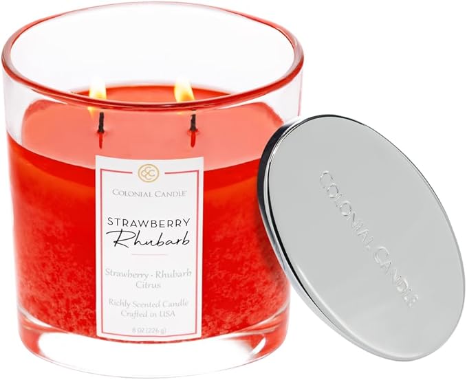 Colonial Candle Strawberry Rhubarb Scented Candle Jar, Highly Fragranced Candles for Home Scented, Mottled Wax Candle, 2 Wick, 8 oz - Made in The USA