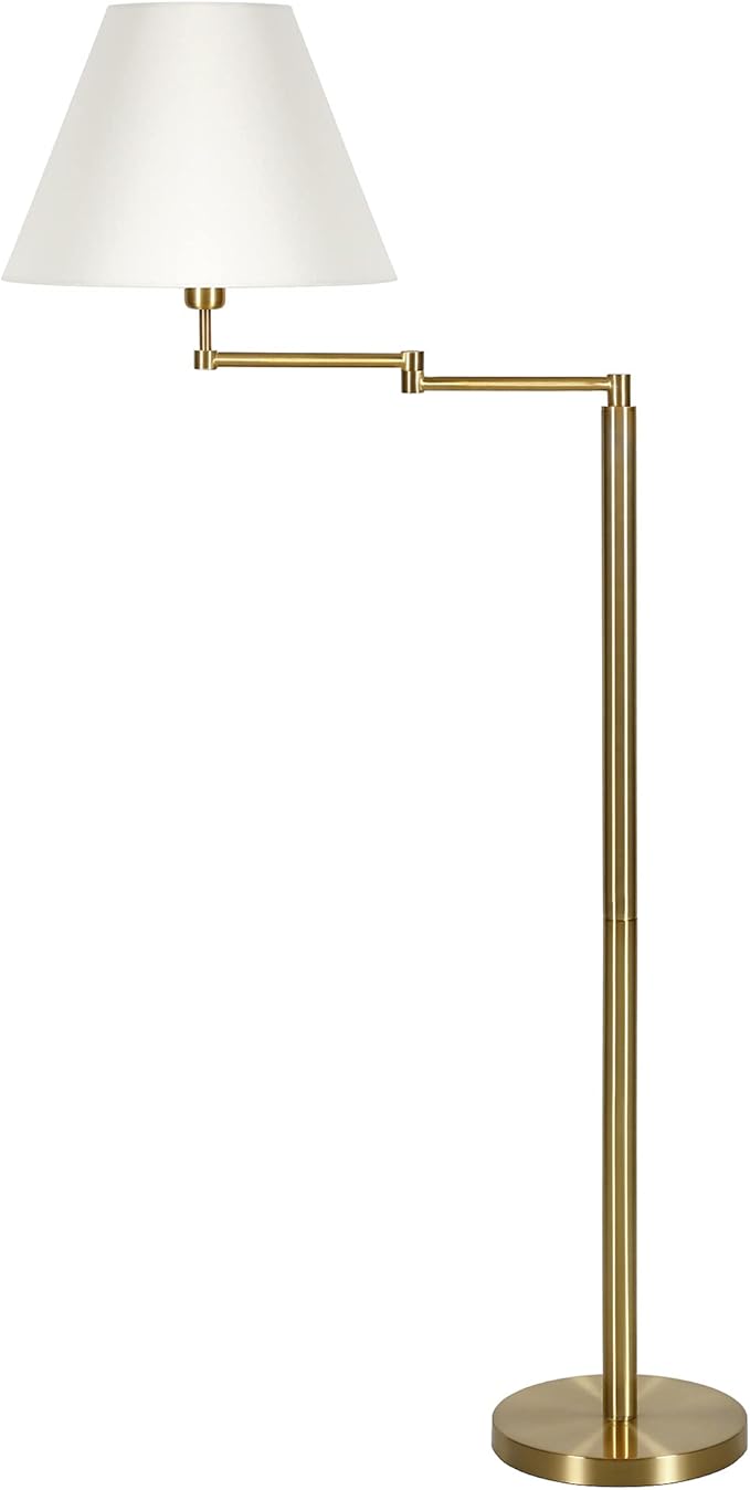 Moby Swing Arm Floor Lamp with Fabric Empire Shade in Brass/White