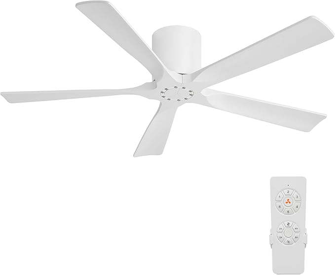 ELEHINSER 52 inch Low Profile Ceiling Fan without Light, 5 Solid Wood Blades,6-Speed,Quiet DC Motor, Timer,Flush Mount Modern Ceiling Fan No Light with Remote for Living Room Bedroom,White