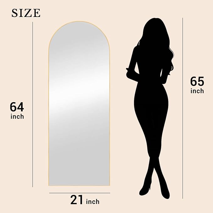 MISSDAY 64"x21" Arched Full Length Mirror, Gold Full Body Mirror with Stand, Floor Mirror Long Free Standing, Leaning or Hanging, Aluminum Thin Frame Wall-Mounted Mirrors Wall Mirrors for Bedroom