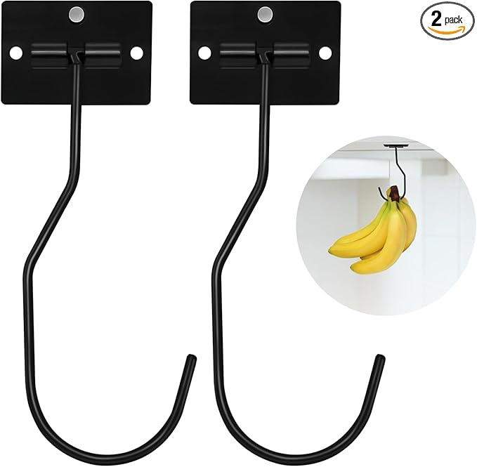 Banana Hanger Hook – Space Saving Banana Holder Hanger to Keep Bananas Fresh, Self Adhesive and Screw Banana Hook 2Pack Black
