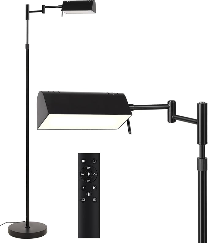 SUNMORY Dimmable LED Pharmacy Floor Lamp, 16W/1500LM Bright Reading Floor Lamp with Remote & Touch Control, 350°Swing Arm, Adjustable Task Craft Standing Lamp for Living Room Bedroom Office, Black