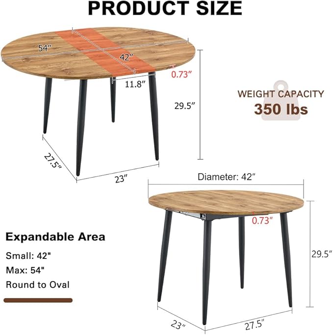 42" Round Dining Table for 4, 54" Oval Dining Table for 6, Extendable Kitchen & Dining Room Table with Metal Legs, Modern Rustic Space-Saving Adjustable Shape Dinner Table, Easy Assembly,White