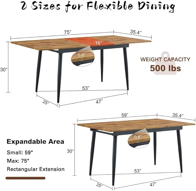 59"-75" Wood Extendable Dining Table for 6–8, Farmhouse Rectangular Dining Room Table with Black Metal Legs, Rustic Wood Grain MDF Top, Modern Space-Saving Dinner Table for Kitchen or Apartment