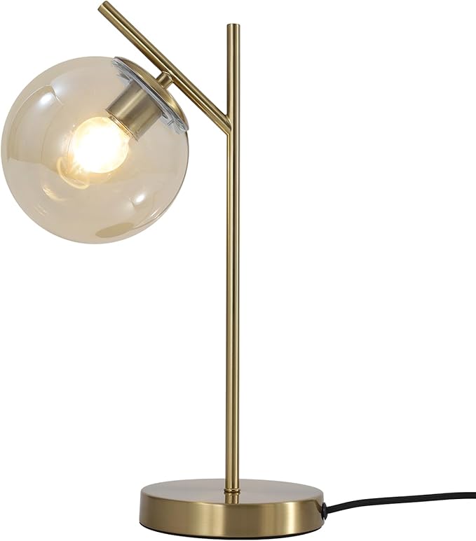 Mid Century Modern Table Lamp, Gold Globe Nightstand Lamp with Cognacs Glass Shade, Metal Brass Desk Lamp for Bedroom Living Room Study Room