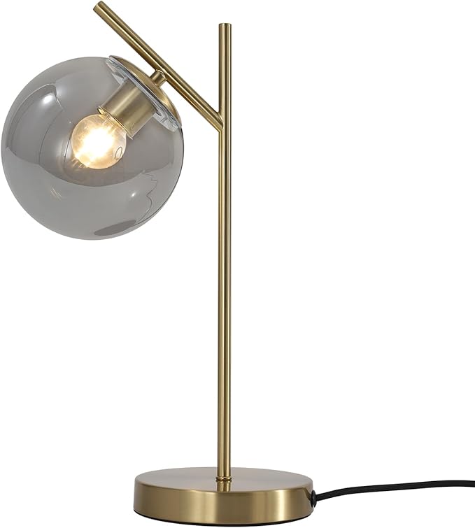 Mid Century Desk Lamp, Glass Globe Table Lamp with Gray Glass lampshade, Gold Modern Bedside Lamps for Bedroom Living Room Study Room