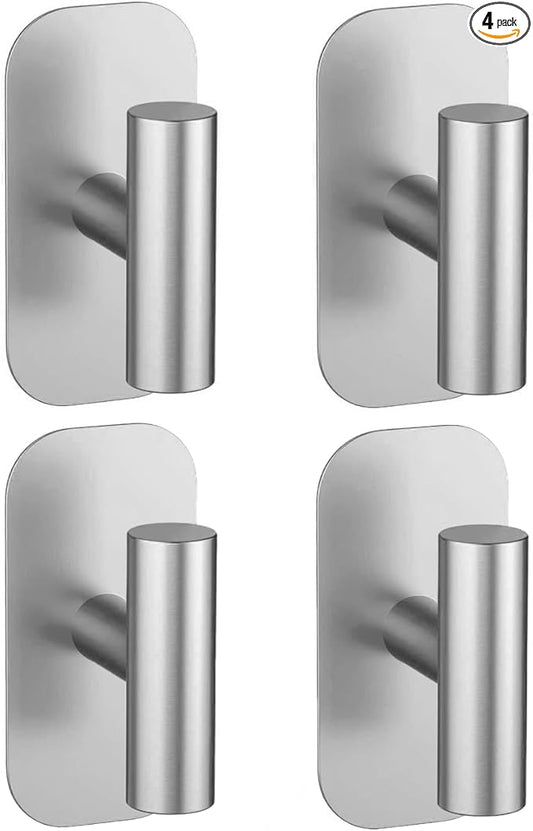Adhesive Towel Hooks for Shower,Waterproof Heavy Duty Bathroom Hooks,Wall Mounted Sticky Hangers for Coats/Aprons/Robes,No Drilling(Silver,4 Pack)