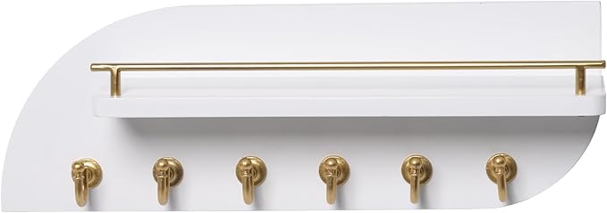 Key Holder for Wall, Decorative Key and Mail Organizer with 6 Sturdy Metal Hooks and Floating Shelf, 14 Inches Wood Wall Mounted Key Rack for Entryway, White and Gold