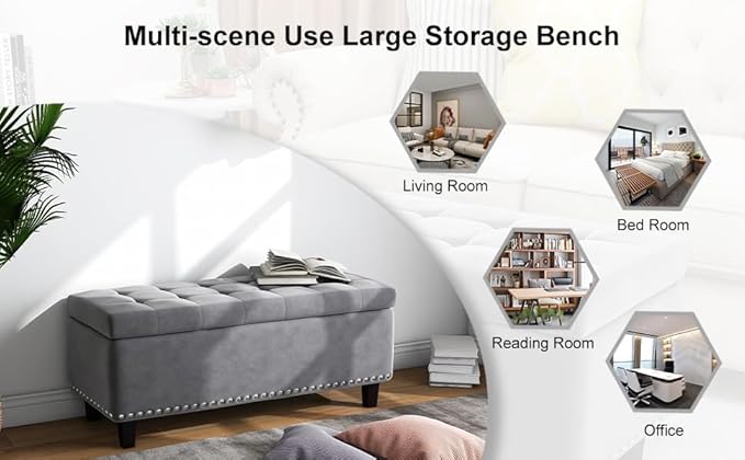 Ottoman with Storage, Storage Ottoman Bench with Button-Tufted, Upholstered End of Bed Bench with Wooden Legs for Bedroom, Entryway (Grey, Set of 1)