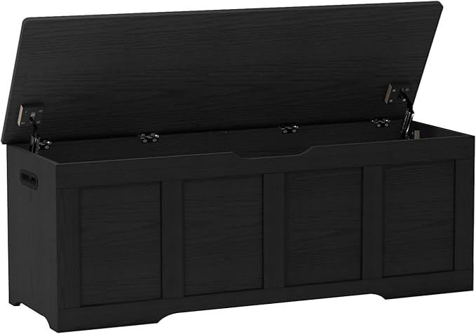 47.2" Storage Chest, Extra Large Storage Trunk with 2 Safety Hinges, Wooden Storage Bench, Shoe Bench, Entryway Bench for Living Room, Bedroom, Black