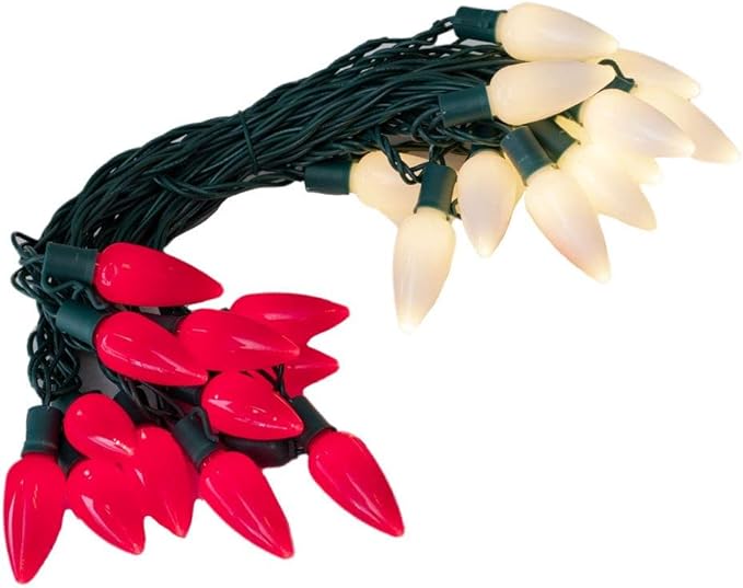 Novelty Lights 25 Feet 25 Light C9 Ceramic Style LED String Lights, Red/Warm White, Pre-Lamped Christmas Lights on Green Wire, UL Listed Indoor/Outdoor, Connectable End-to-End