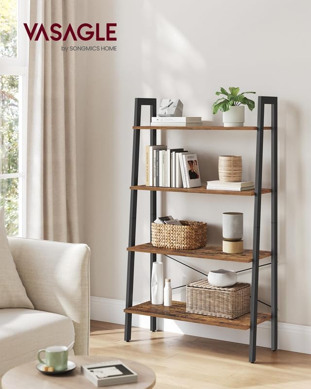 VASAGLE Ladder Shelf, 4-Tier Bookshelf, Storage Rack, Bookcase with Steel Frame, for Living Room, Home Office, Kitchen, Bedroom, Industrial Style, Rustic Brown and Ink Black ULLS144B01