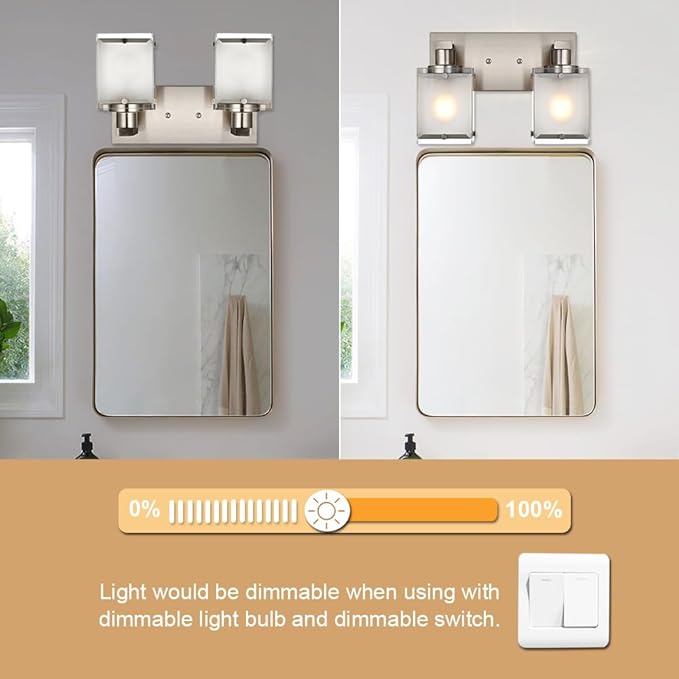 2-Lights Wall Sconce Lighting, Brushed Nickel Bathroom Vanity Light Fixture with Rectangular Frosted Glass for Over Mirror, E26 Bulb Base
