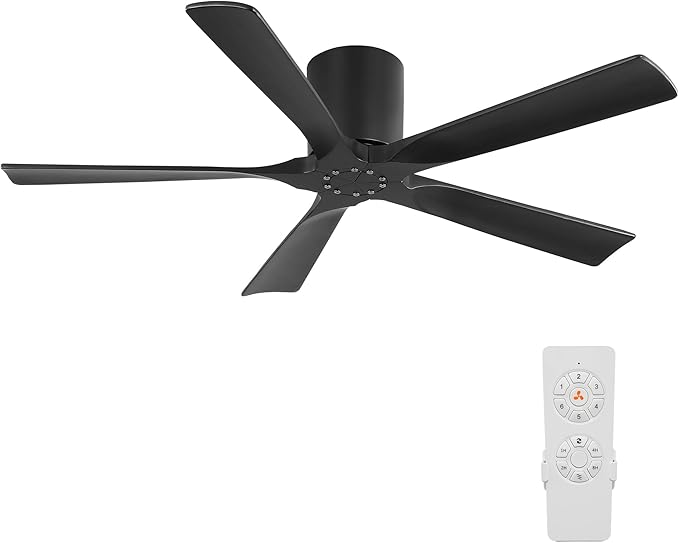 ELEHINSER 52 inch Low Profile Ceiling Fan without Light, 5 Solid Wood Blades, 6-Speed, Quiet DC Motor, Timer, Flush Mount Modern Ceiling Fan No Light with Remote for Living Room Bedroom, Black