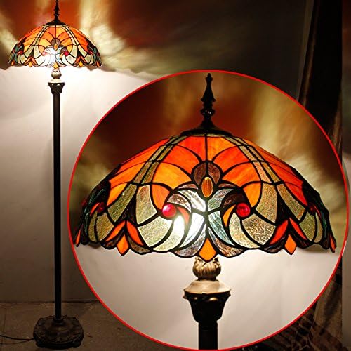 WERFACTORY Tiffany Floor Lamp Red Brown Liaison Stained Glass Standing Reading Light 16X16X64 Inches Antique Pole Corner Lamp Decor Bedroom Living Room Home Office S160R Series
